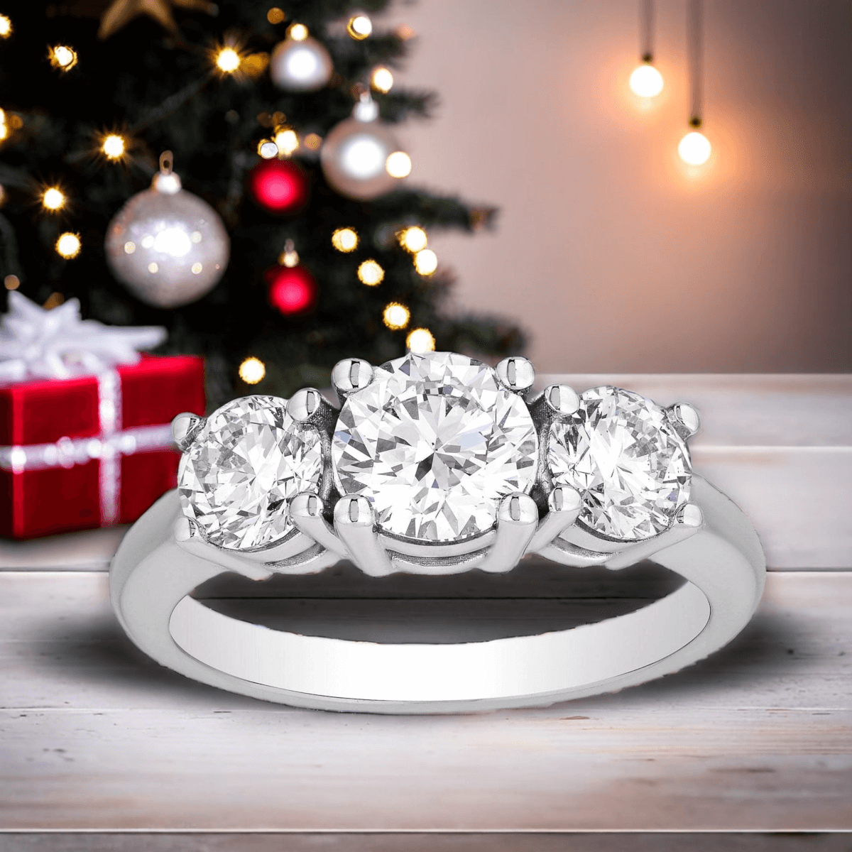2 CTW AGI Certified Lab Grown Diamond (G-Vs) Three Stone Ring 14K Gold