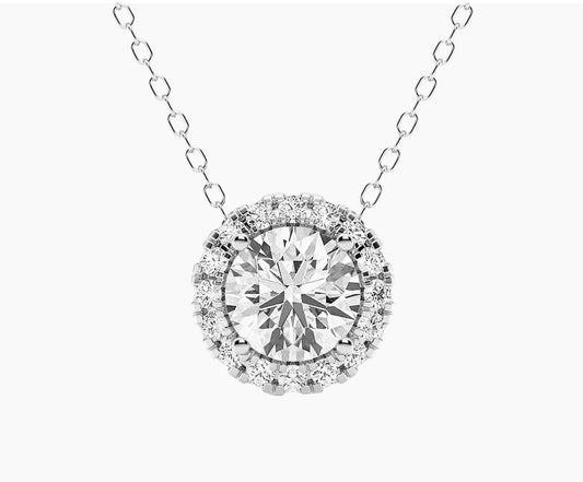 Lab-Grown Diamond Halo Pendant Necklace in 14kt White Gold – 1 CTW or 2 CTW