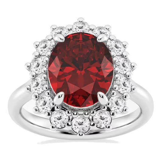 3CTW Oval Lab Ruby Princess Diana Engagement Ring With Lab Diamond Halo